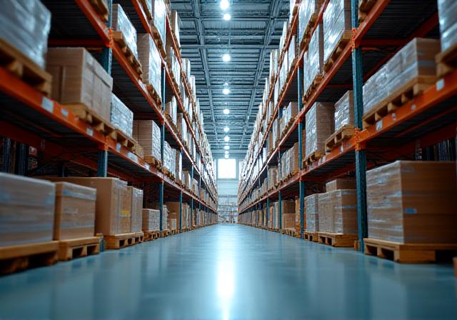 Organized warehouse racks with digital inventory tags