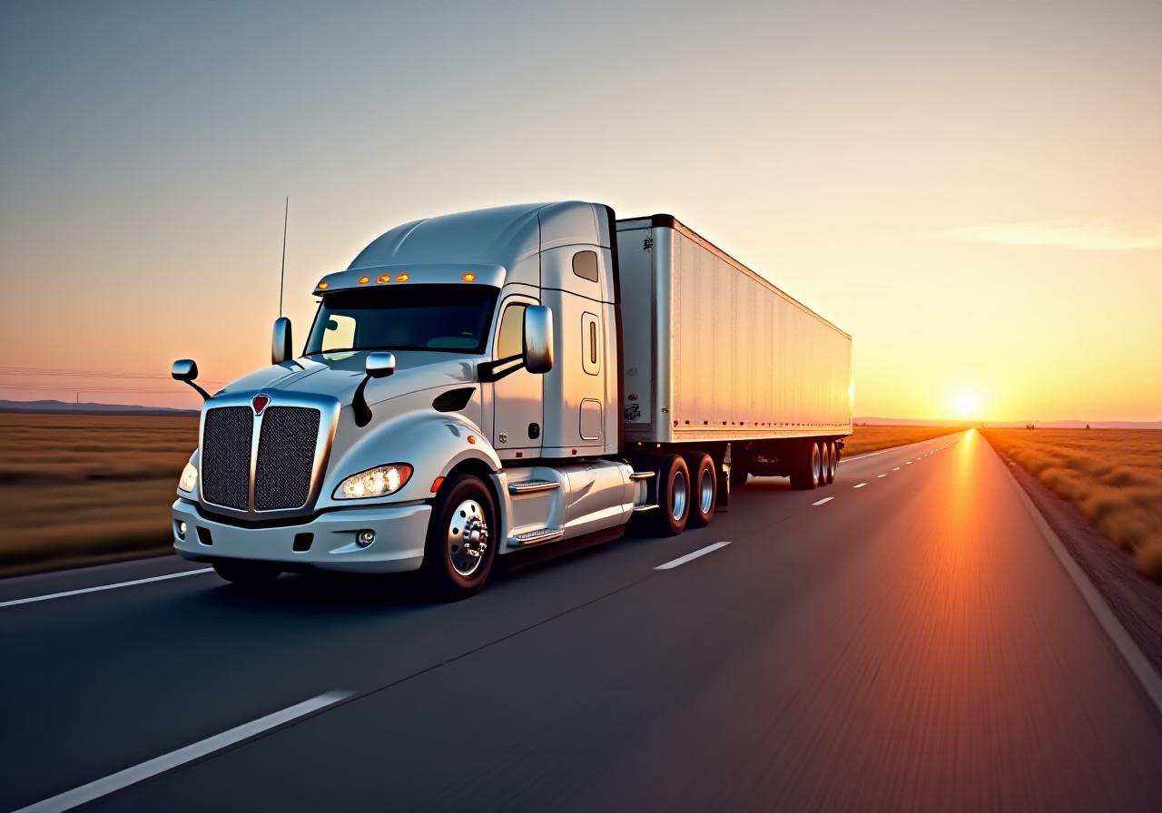 Modern logistics truck on a Texas highway at dawn