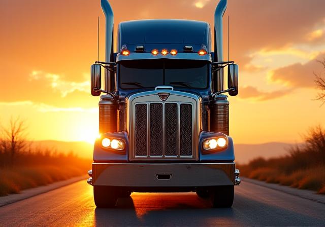A powerful heavy duty transport truck at sunset